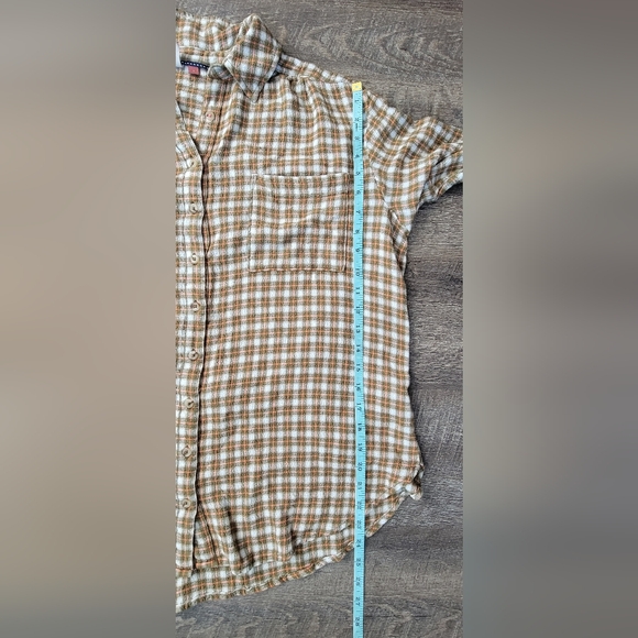 Pilcro Anthtopologie Crinkle Plaid Button-Up Women's L Cream Olive & Pink Flowy - Picture 9 of 12